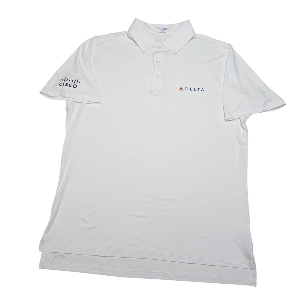B Draddy Patrick Cantlay Golf Polo Mens L White Delta Cisco Atlas Player Issue